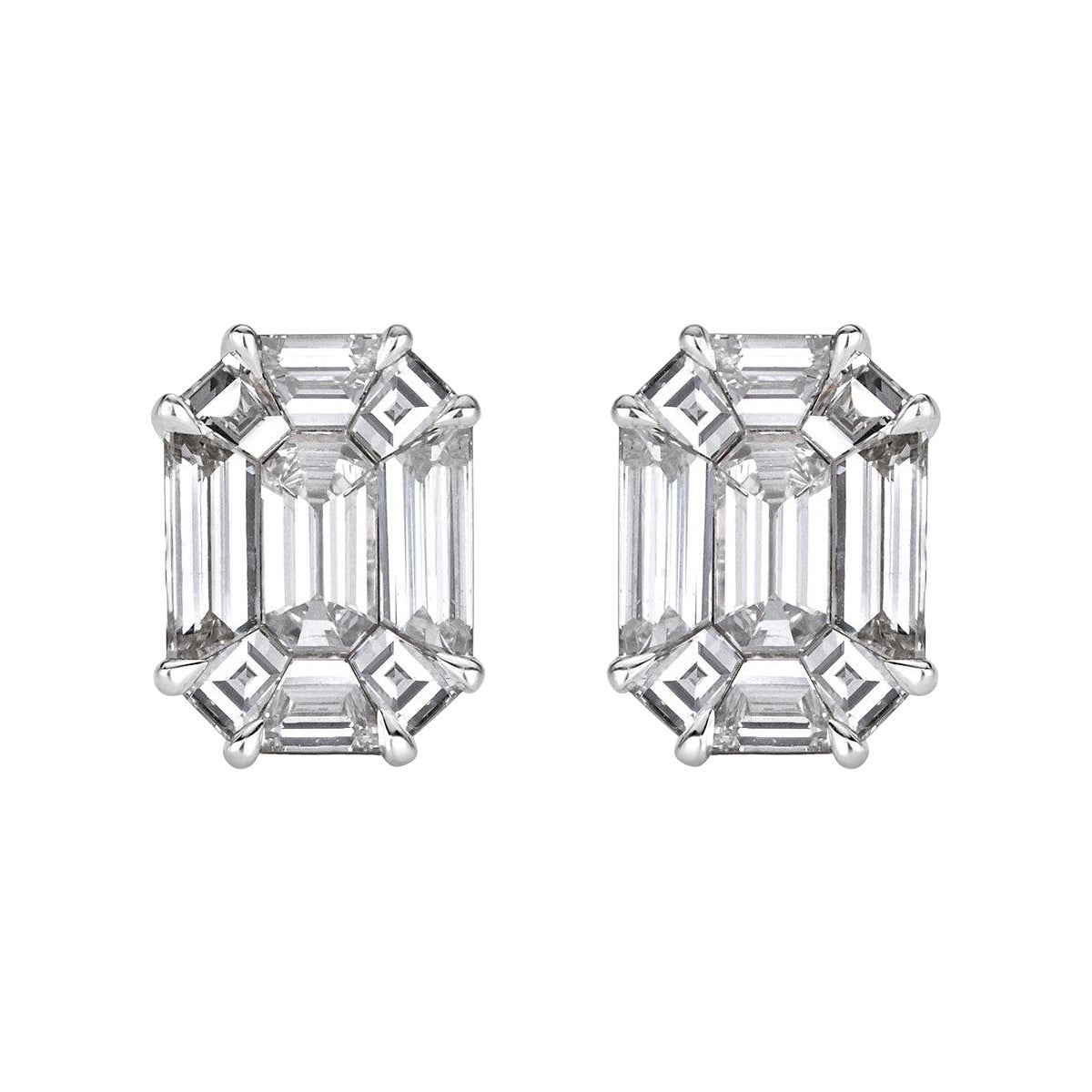 1.54ct Emerald Cut Mosaic Diamond Stud Earrings in 18K White Gold