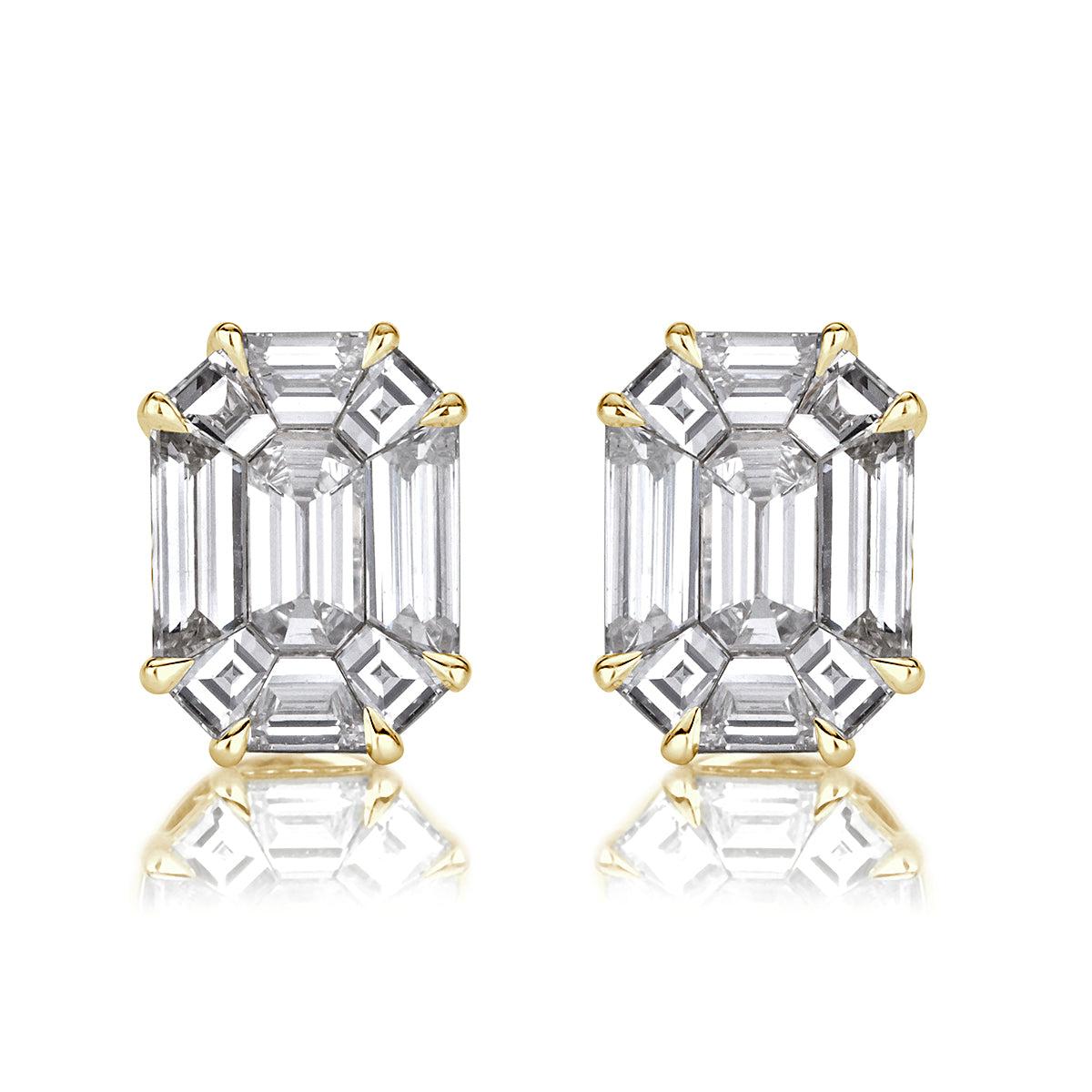 1.54ct Emerald Cut Mosaic Diamond Stud Earrings in 18K Yellow Gold