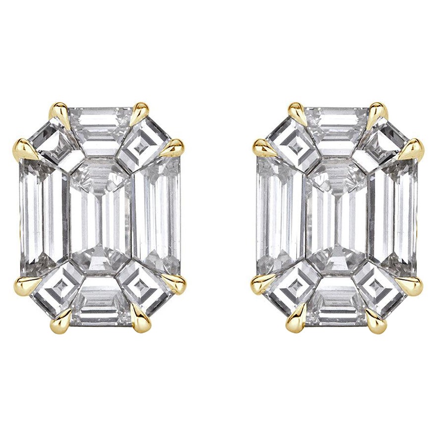 1.54ct Emerald Cut Mosaic Diamond Stud Earrings in 18K Yellow Gold