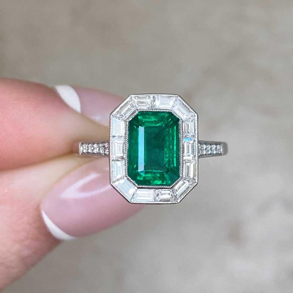 1.54ct Emerald Cut Natural Green Emerald Engagement Ring, Diamond Halo, Platinum For Sale 5