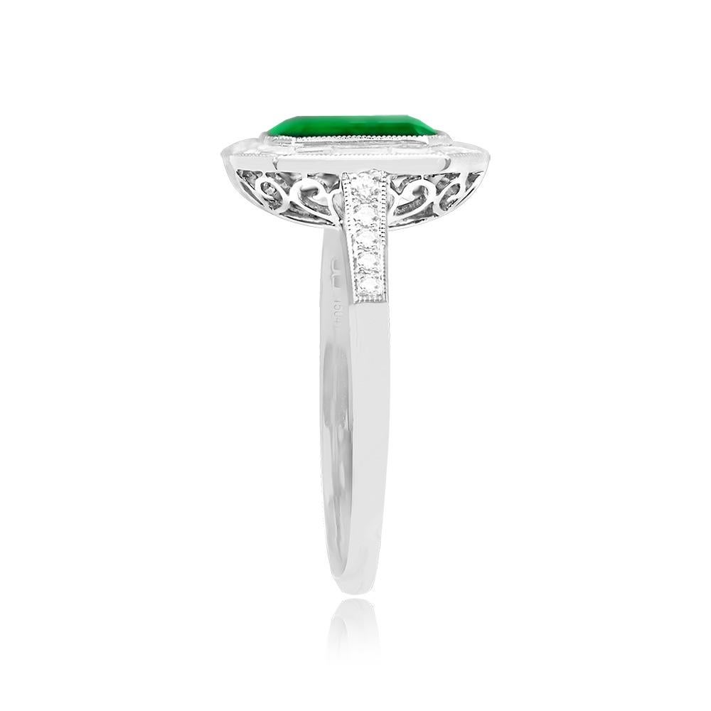 Art Deco 1.54ct Emerald Cut Natural Green Emerald Engagement Ring, Diamond Halo, Platinum For Sale
