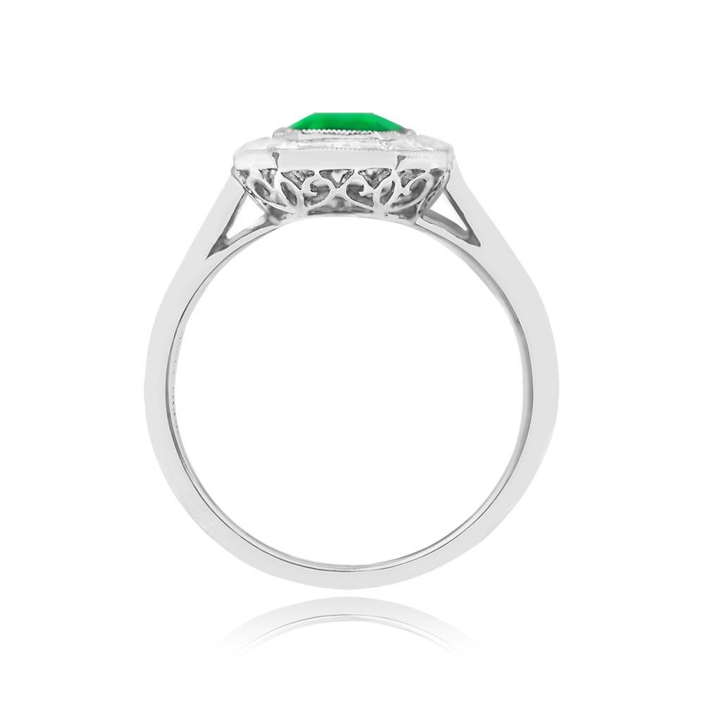 1.54ct Emerald Cut Natural Green Emerald Engagement Ring, Diamond Halo, Platinum In Excellent Condition For Sale In New York, NY