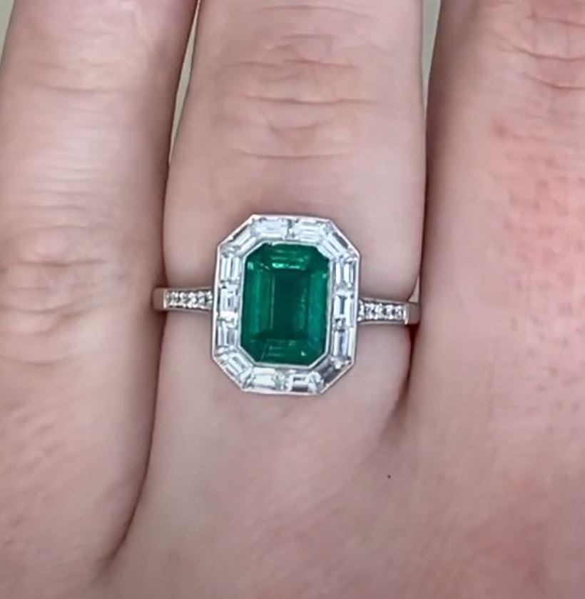 Women's 1.54ct Emerald Cut Natural Green Emerald Engagement Ring, Diamond Halo, Platinum For Sale