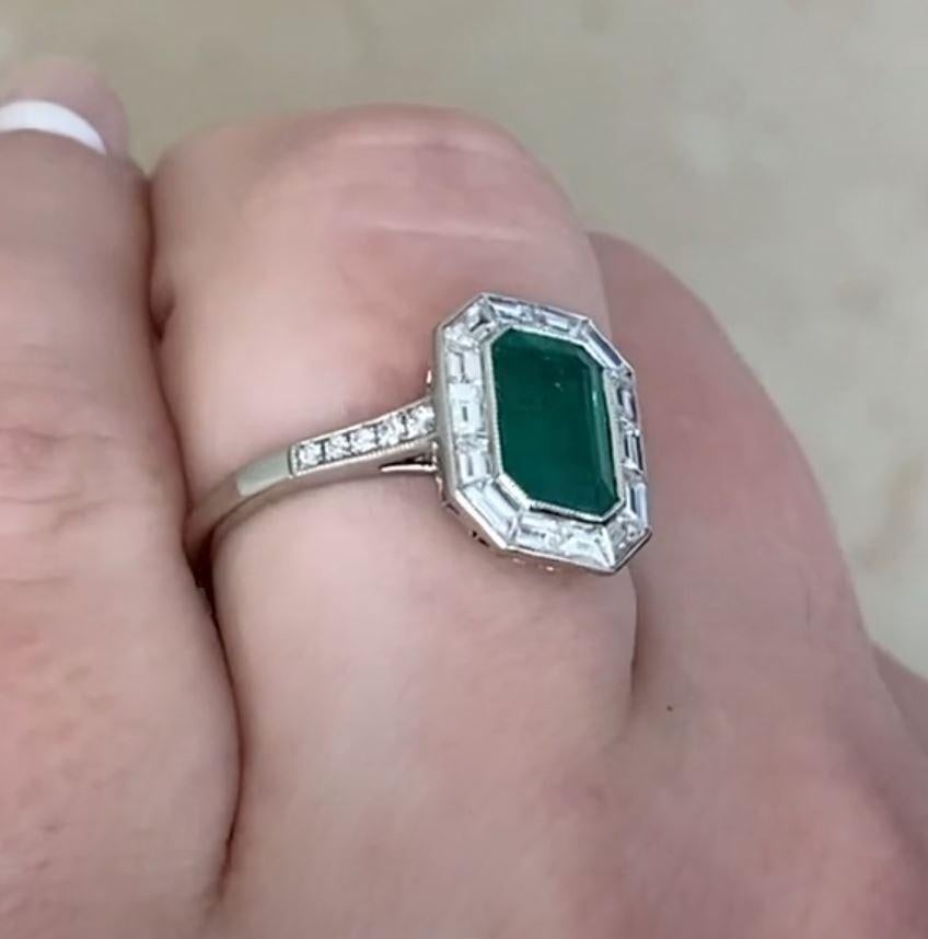 1.54ct Emerald Cut Natural Green Emerald Engagement Ring, Diamond Halo, Platinum For Sale 1