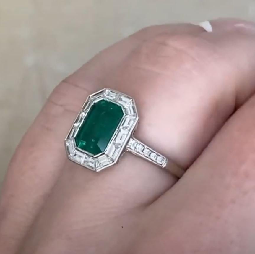 1.54ct Emerald Cut Natural Green Emerald Engagement Ring, Diamond Halo, Platinum For Sale 2