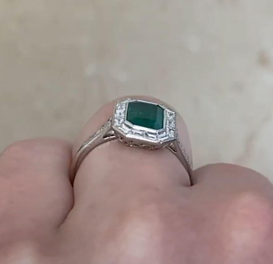 1.54ct Emerald Cut Natural Green Emerald Engagement Ring, Diamond Halo, Platinum For Sale 3
