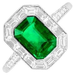 1.54ct Emerald Cut Natural Green Emerald Engagement Ring, Diamond Halo, Platinum