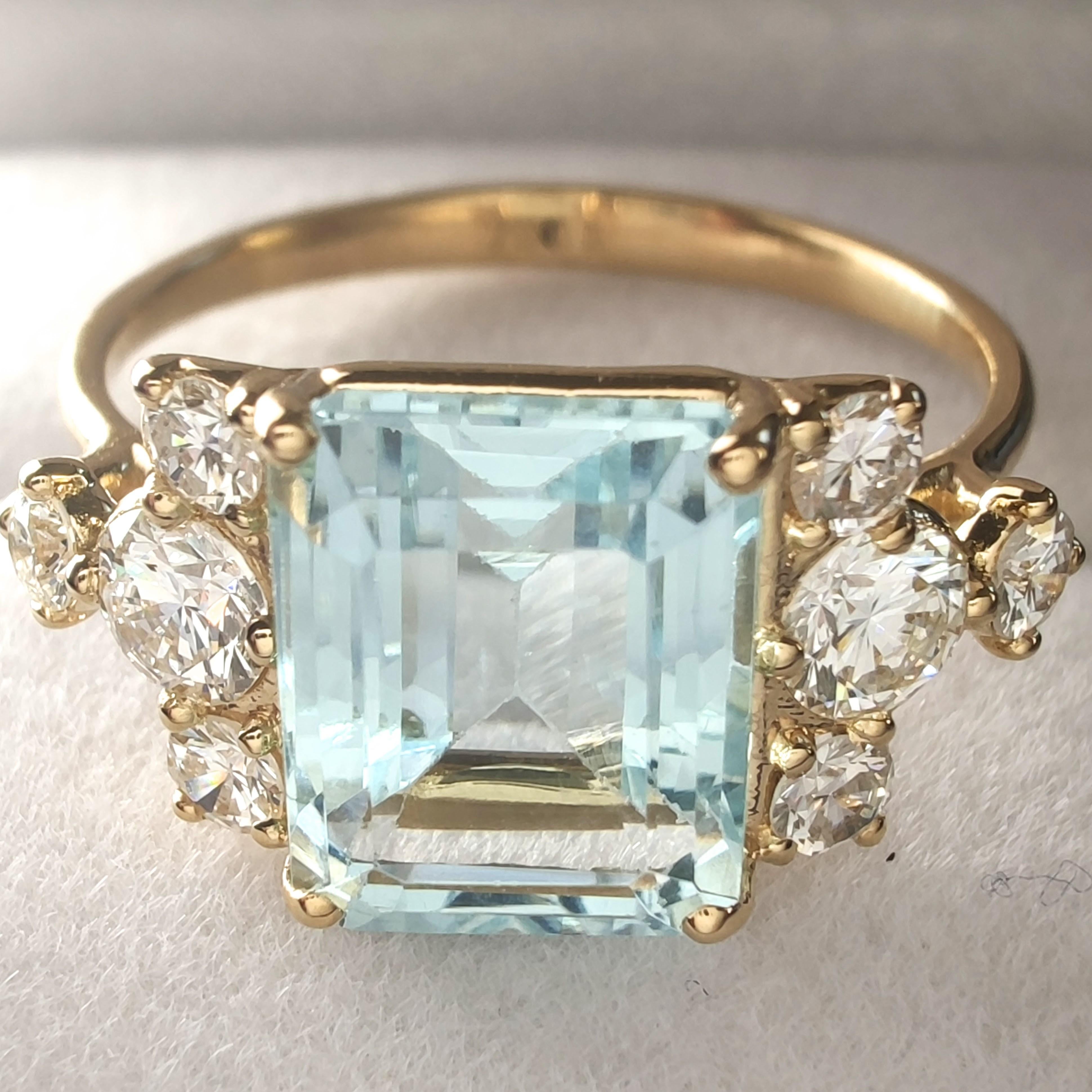 1.54ct Natural Aquamarine 0.47 ct Diamond Ring 18K Yellow Gold – Handmade en venta 6