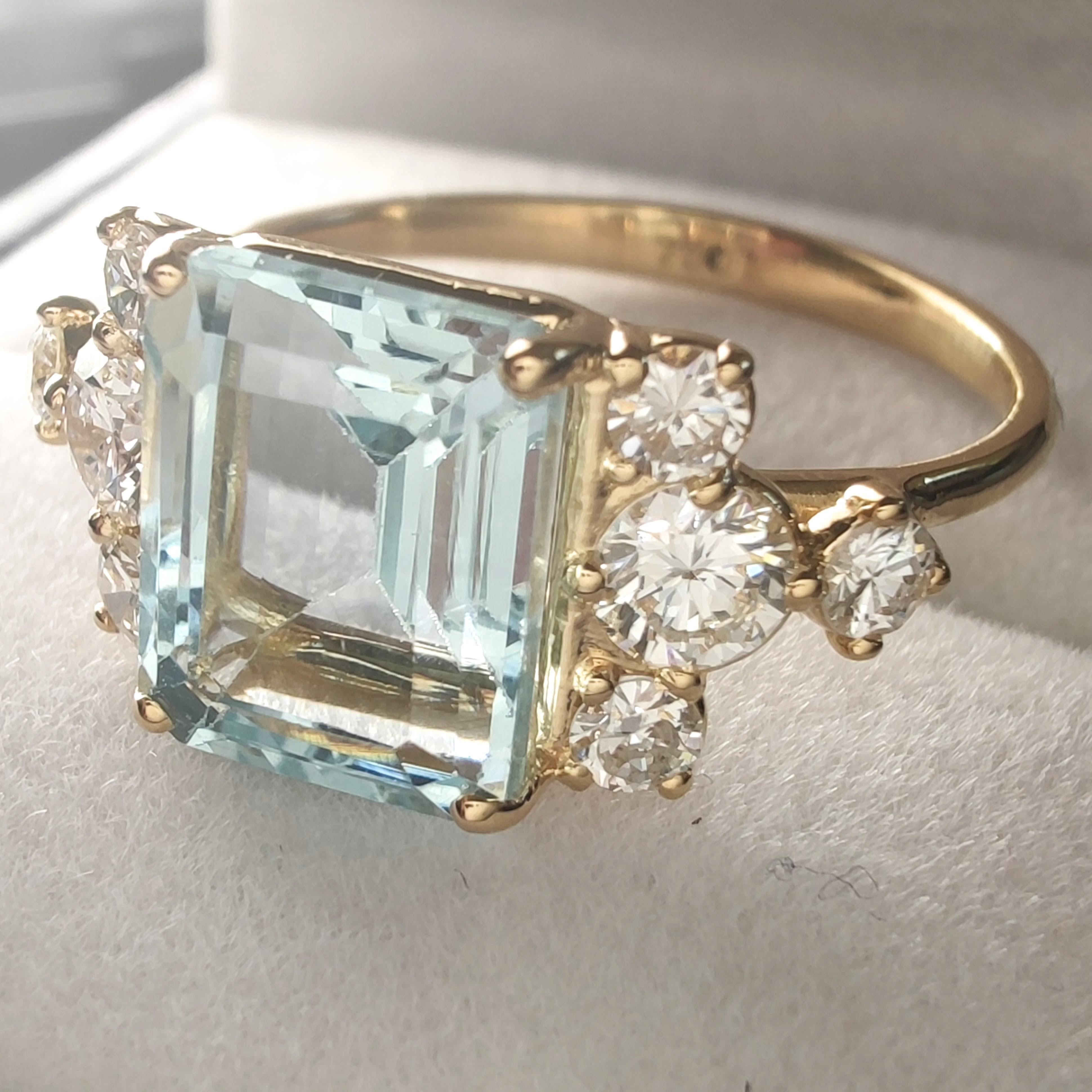 1.54ct Natural Aquamarine 0.47 ct Diamond Ring 18K Yellow Gold – Handmade en venta 7