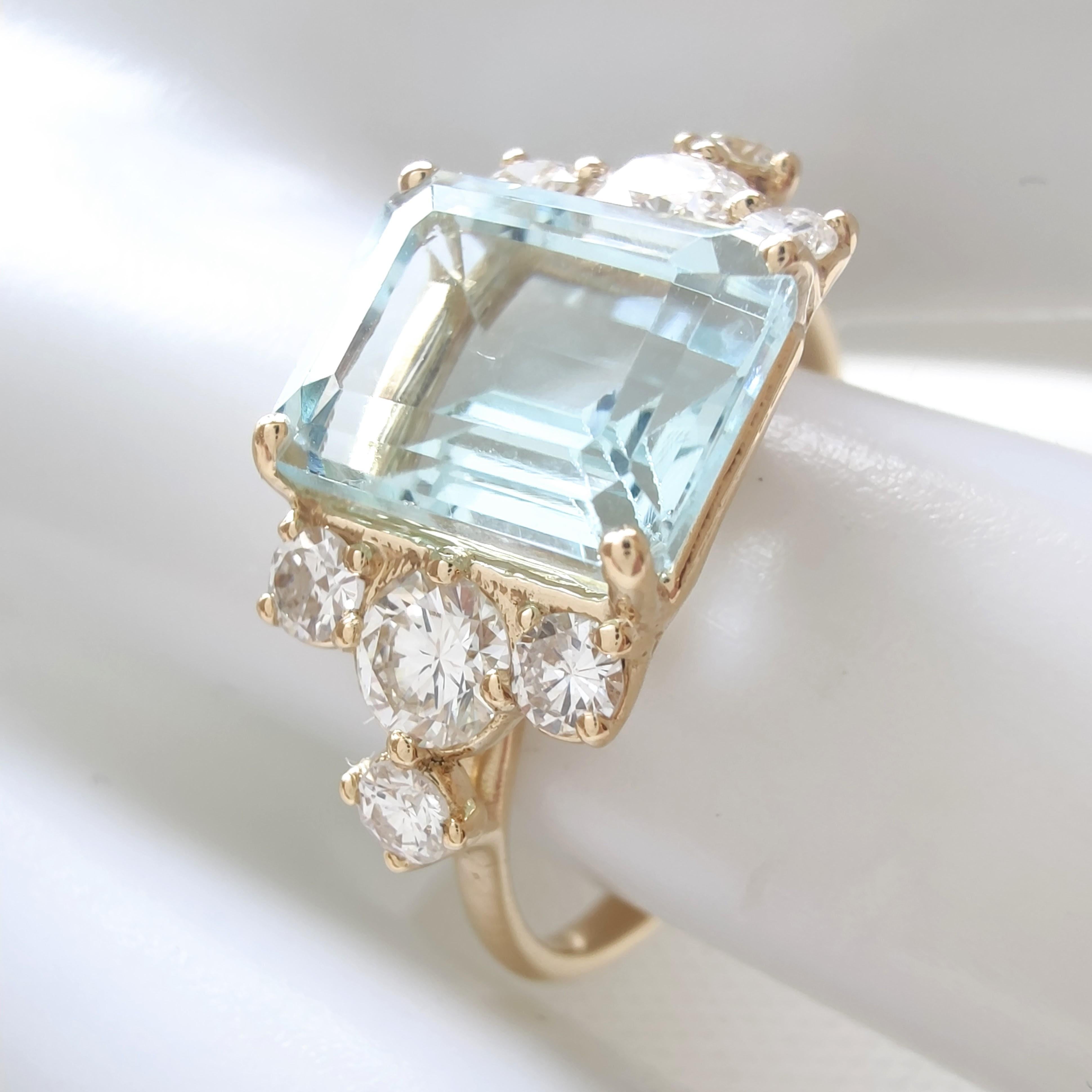 De las mujeres 1.54ct Natural Aquamarine 0.47 ct Diamond Ring 18K Yellow Gold – Handmade en venta