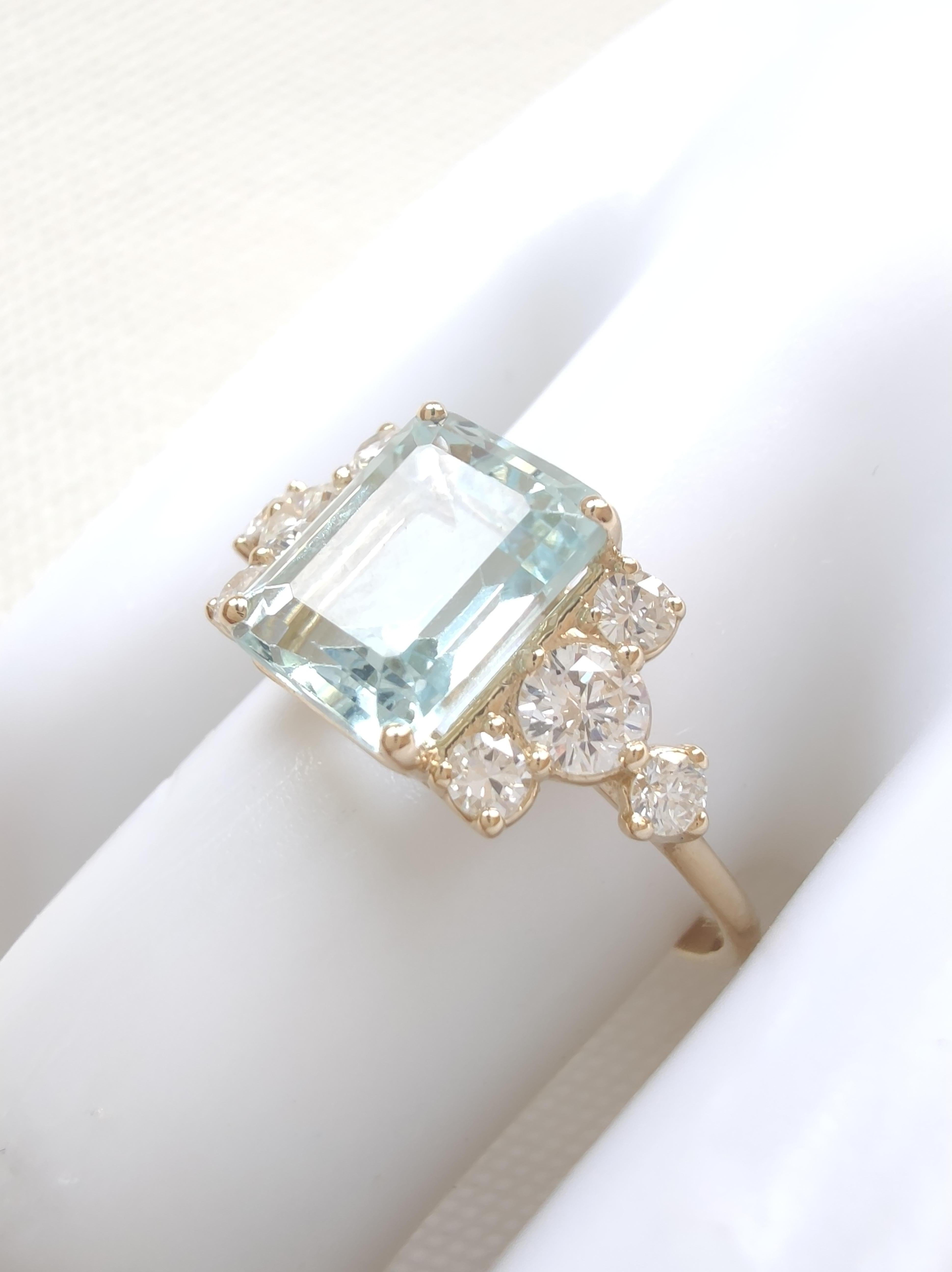 1.54ct Natural Aquamarine 0.47 ct Diamond Ring 18K Yellow Gold – Handmade en venta 2