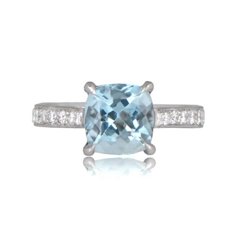 Vibrant aquamarine ring with a 1.54-carat center stone, complemented by diamond accents on the shoulders totaling 0.32 carats. Delicate open under the gallery enhances its charm.

Ring Size: 6.5 US, Resizable
Metal: Platinum
Stone: Diamond,