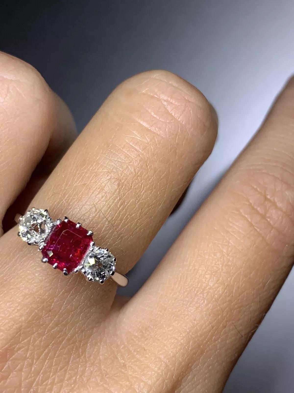 Emerald Cut 1.54ct Ruby and diamonds trilogy engagement ring in platinum. For Sale