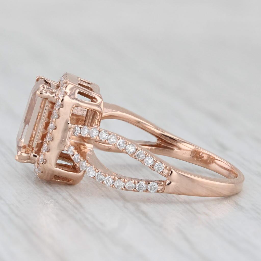 Gemstone Information:
- Natural Morganite -
Carats - 1.24ct
Cut - Emerald
Color - Peach
Treatment - Heated

- Natural Diamonds -
Total Carats - 0.30ctw
Cut - Round Brilliant
Color - F - H
Clarity - SI2 - I1

Metal: 14k Rose Gold
Weight: 3.5 Grams