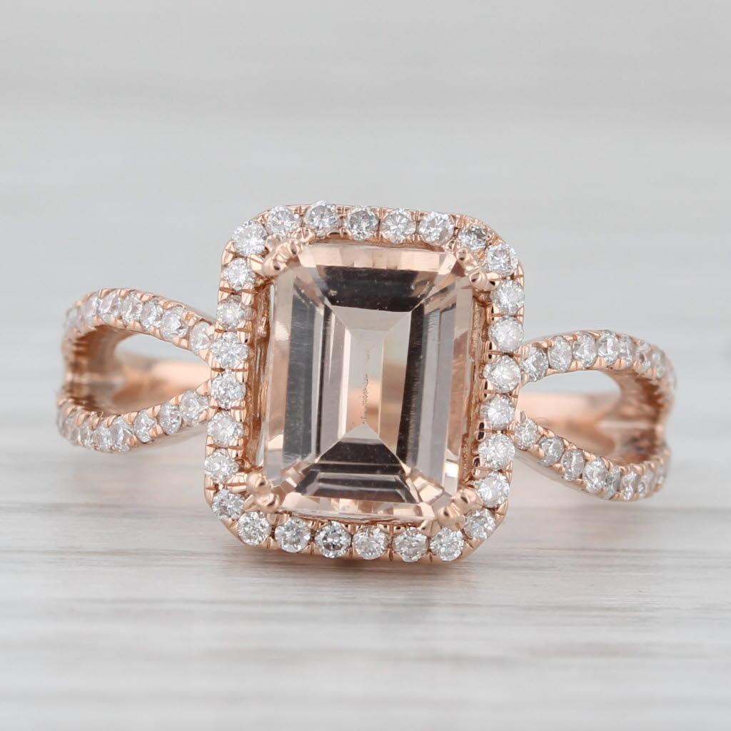 1.54ctw Morganite Diamond Halo Ring 14k Rose Gold Size 5.25 Engagement In Good Condition For Sale In McLeansville, NC