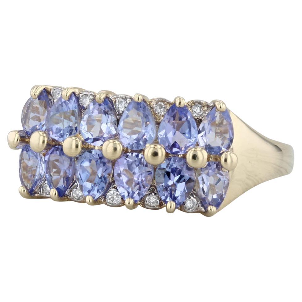 Bague grappe de diamants en or jaune 14 carats avec tanzanite de 1,54 carat, taille 8