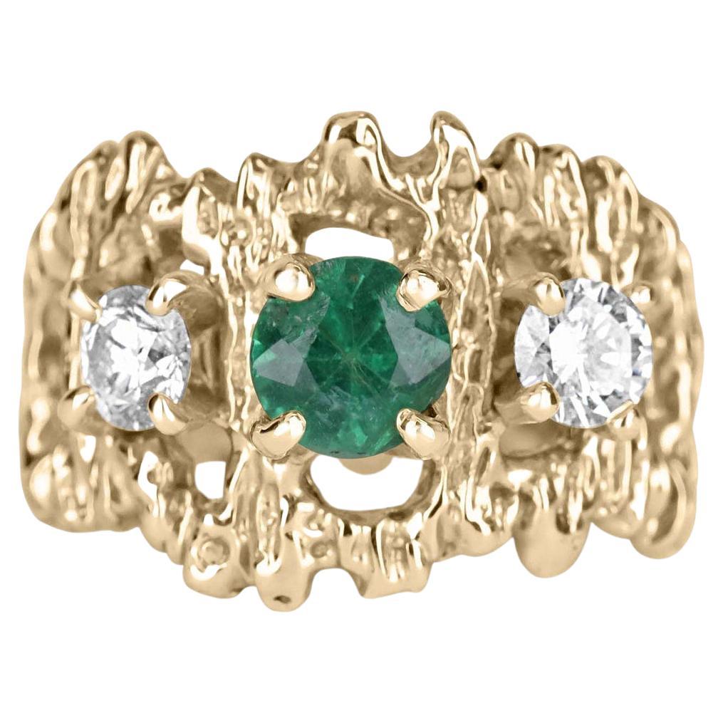 1.54tcw 14K Natural Emerald-Round Cut & Diamond Three Stone Nugget Gold Ring For Sale