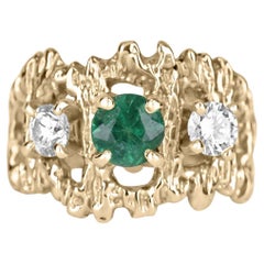 1.54tcw 14K Natural Emerald-Round Cut & Diamond Three Stone Nugget Gold Ring