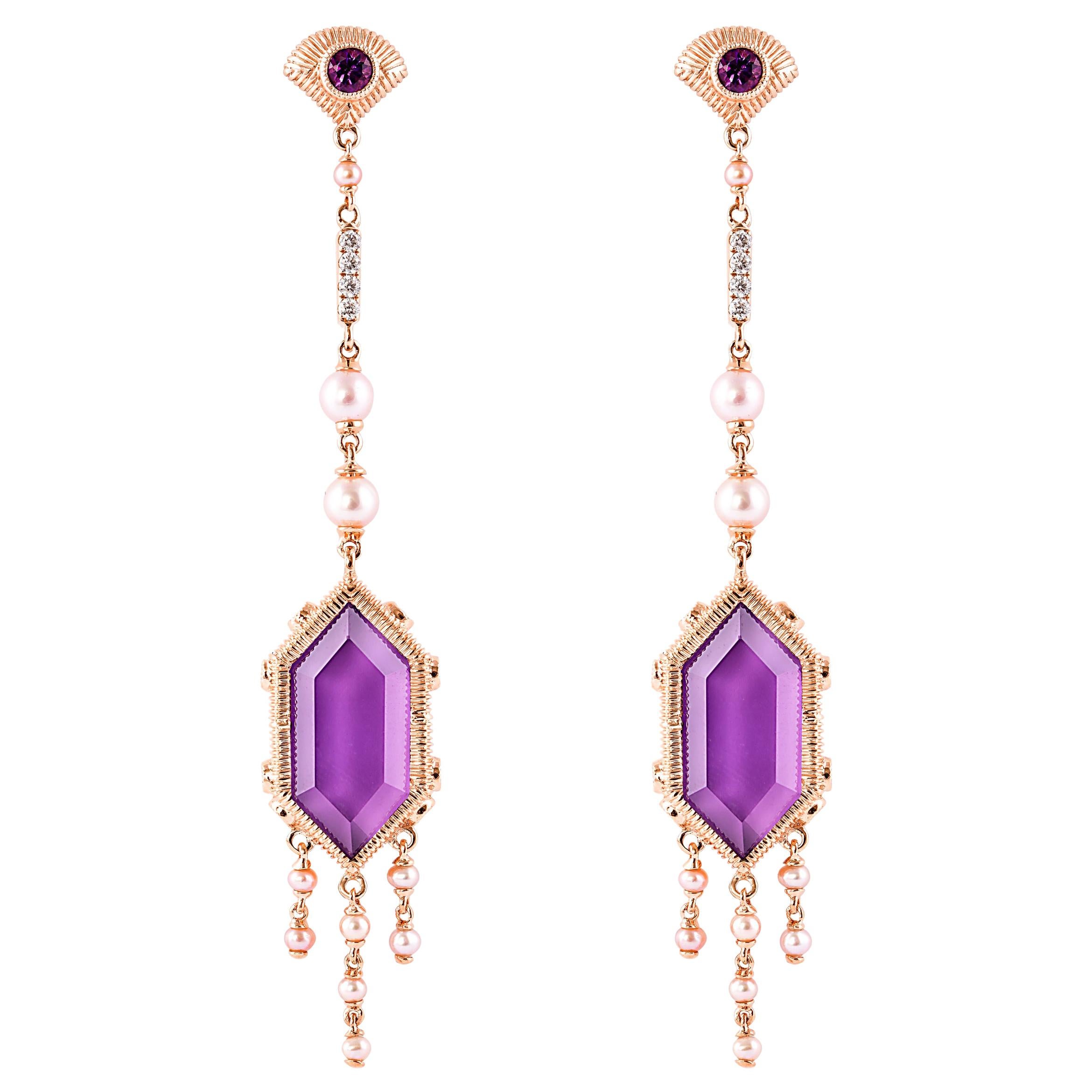 Boucles d'oreilles en or rose 18 carats avec améthyste de 15,5 carats, diamants et perles