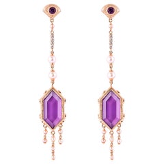 Boucles d'oreilles en or rose 18 carats avec améthyste de 15,5 carats, diamants et perles