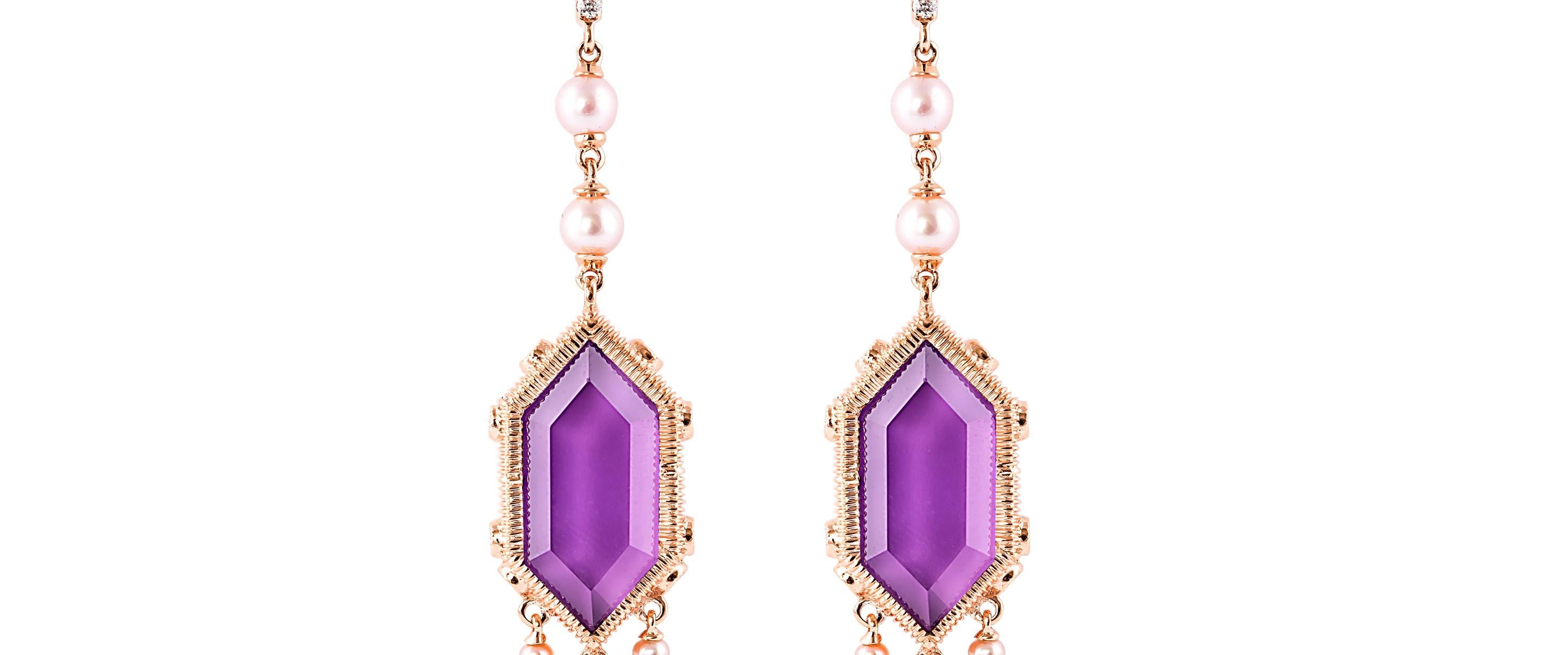 Contemporary 15.5 Carat Amethyst Earring in 18 Karat Rose Gold with Diamonds and Pearls For Sale