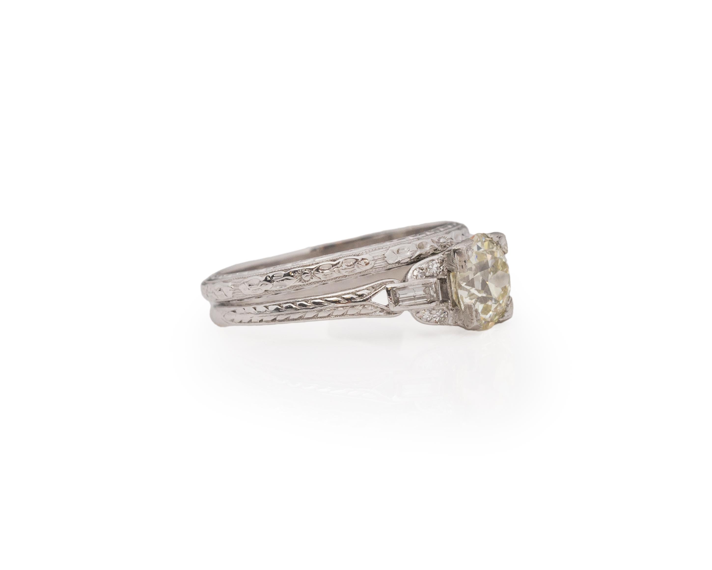 Ring Size: 8.25
Metal Type: Platinum [Hallmarked, and Tested]
Weight: 5.3 grams

Center Diamond Details:
Weight: 1.55ct
Cut: Old European brilliant
Color: O-P (Light Yellow)
Clarity: VS

Finger to Top of Stone Measurement: 6mm
Condition: Excellent