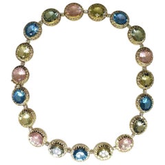 155 Carat Blue Topaz, Green Amethyst, Rose Quartz, and Yellow Quartz Necklace