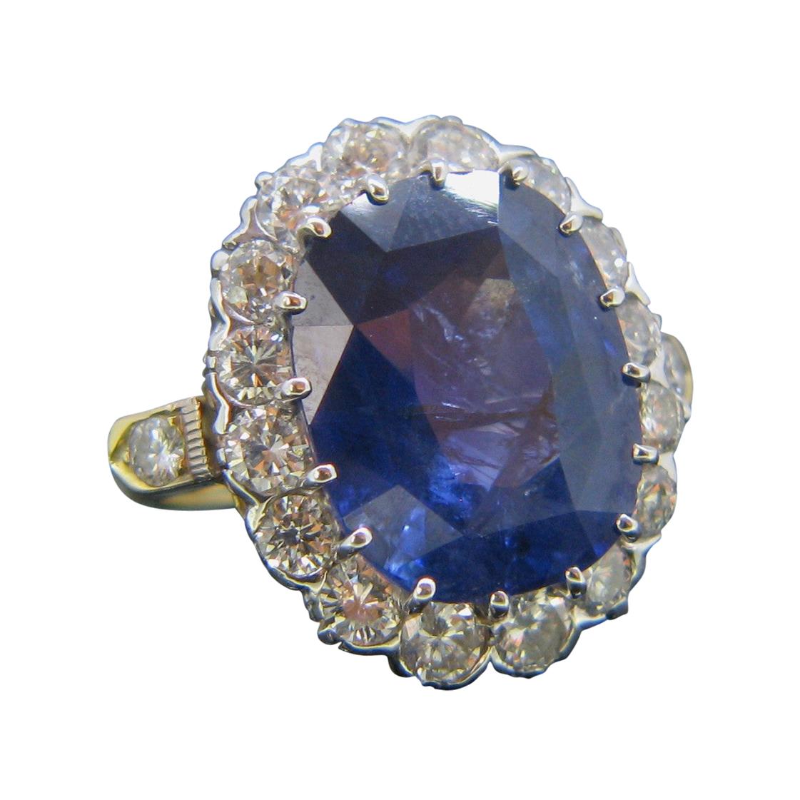 15.5 Carat Burma No Heat Sapphire Diamond Cluster Yellow and White Gold Ring