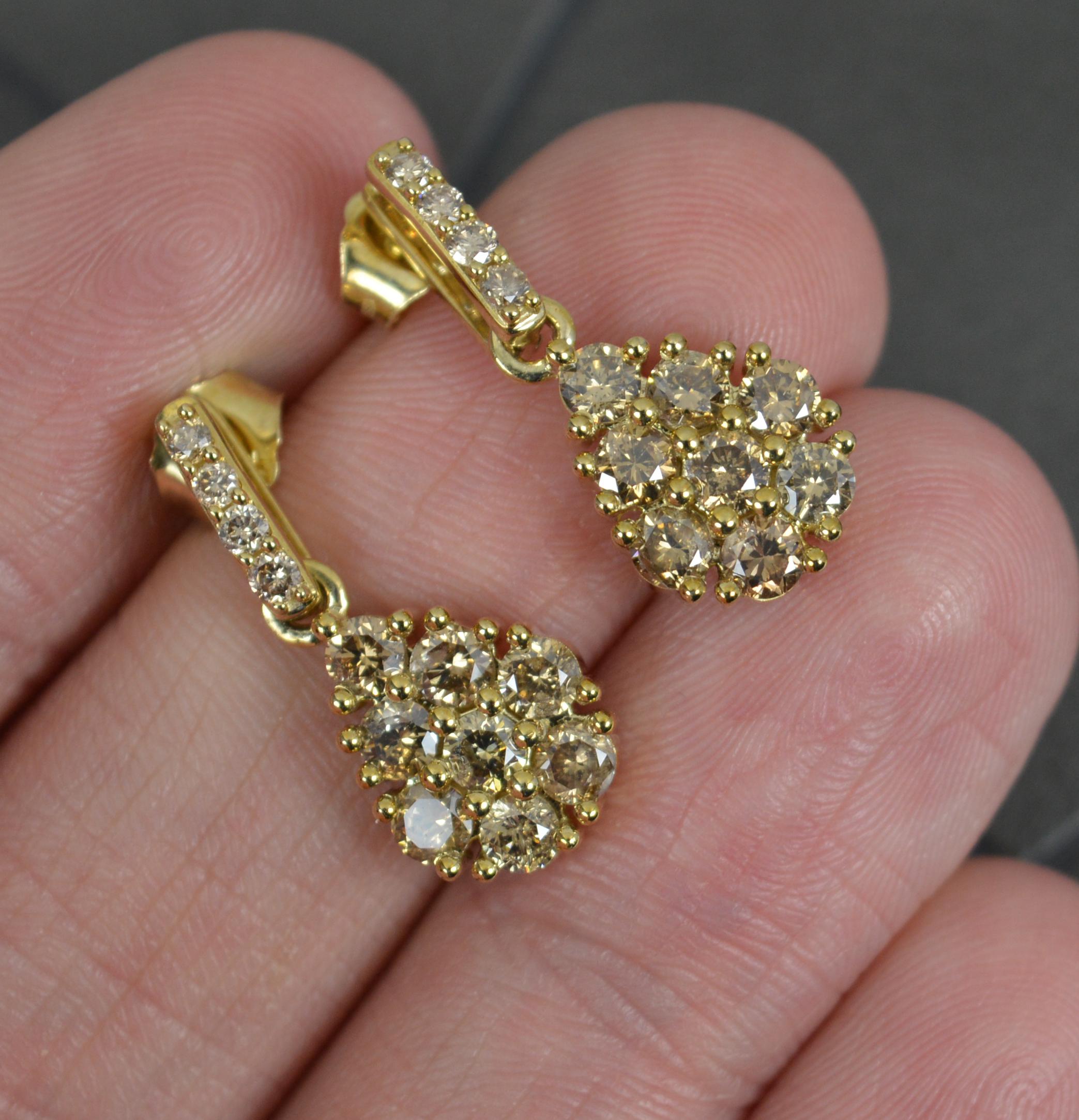 1.55 Carat Champagne Diamond and 9ct Gold Drop Dangle Earrings Tomas Rae In Excellent Condition For Sale In St Helens, GB