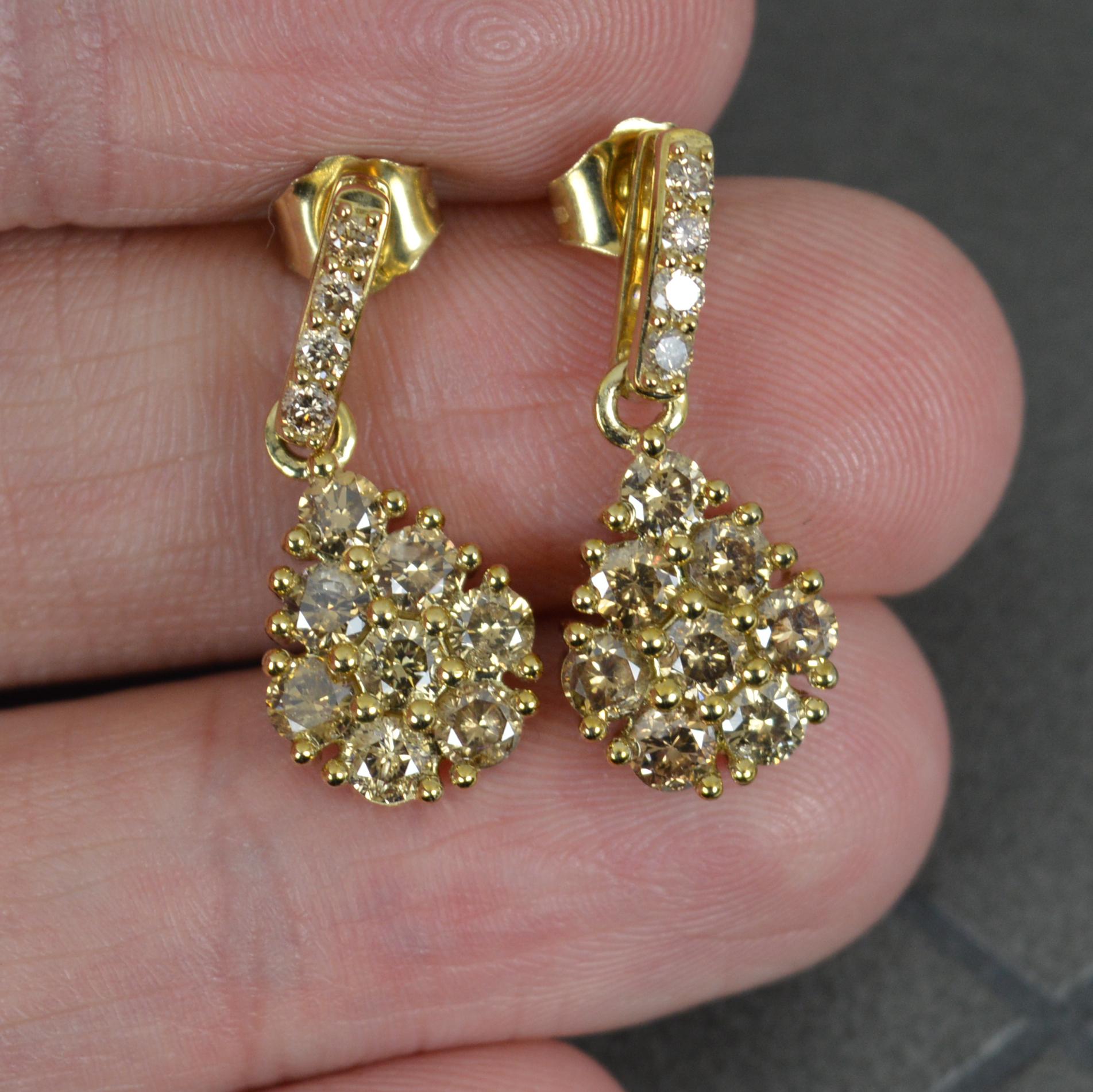 Women's 1.55 Carat Champagne Diamond and 9ct Gold Drop Dangle Earrings Tomas Rae For Sale