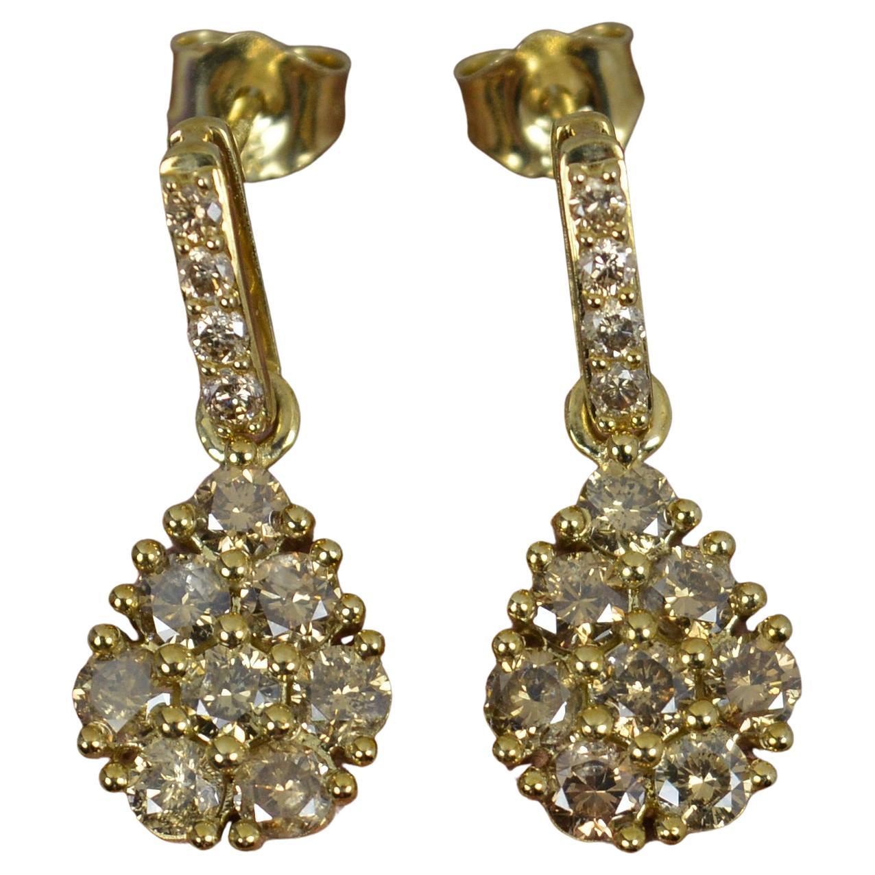 1.55 Carat Champagne Diamond and 9ct Gold Drop Dangle Earrings Tomas Rae For Sale