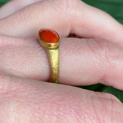 1.55 Carat Delicate Oval Dome Red Coral Hammered Textured 24kt Gold & SS Ring
