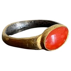 1.55 Carat Delicate Oval Dome Red Coral Hammered Textured 24kt Gold & SS Ring