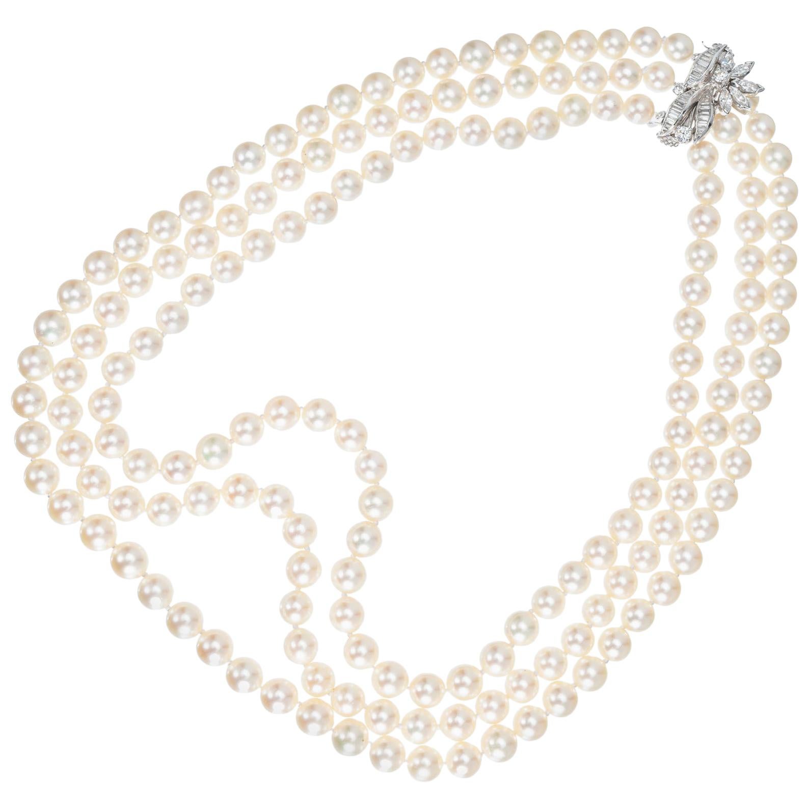 1.55 Carat Diamond Cultured Pearl White Gold Multi-Strand Necklace