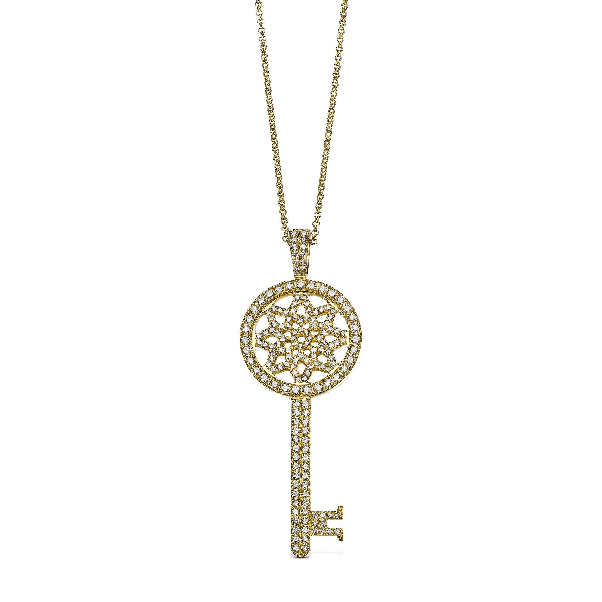 Our one of a kind 1.57 Carat key pendant is set with high quality round cut diamonds and made with exquisite craftsmanship. 
This sparkly yellow gold key pendant comes with a yellow gold necklace and will get you compliments where every you go.