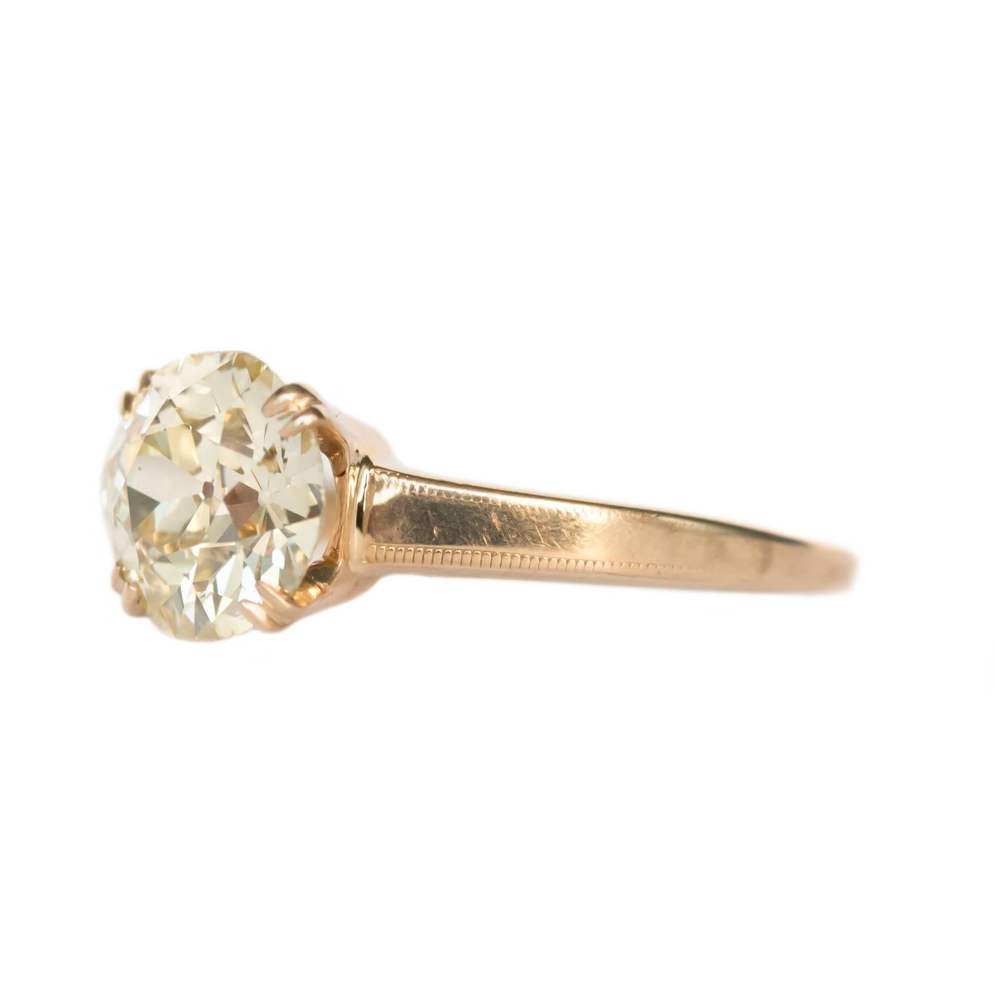 Item Details: 
Ring Size: 5.5
Metal Type: 14 Karat Yellow Gold
Weight: 1.8 grams

Center Diamond Details:
Shape: Old European Cut 
Carat Weight: 1.55 carat
Color: O-P
Clarity: VS2

Finger to Top of Stone Measurement: 5.92mm