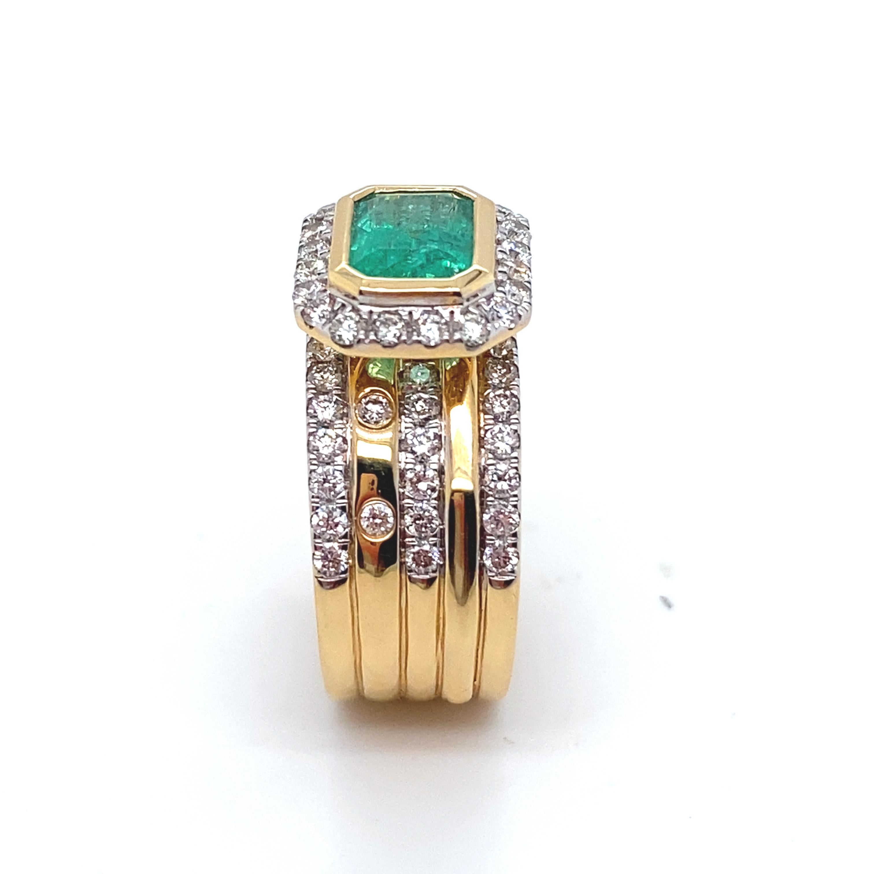 This stunning emerald-cut emerald, weighing 1.33 carats, is surrounded by a sparkling halo of diamonds totaling 1.13 carats, set in an 18k yellow gold ring. Featuring an exclusive, one-of-a-kind design, it adds a touch of elegance to any look. The