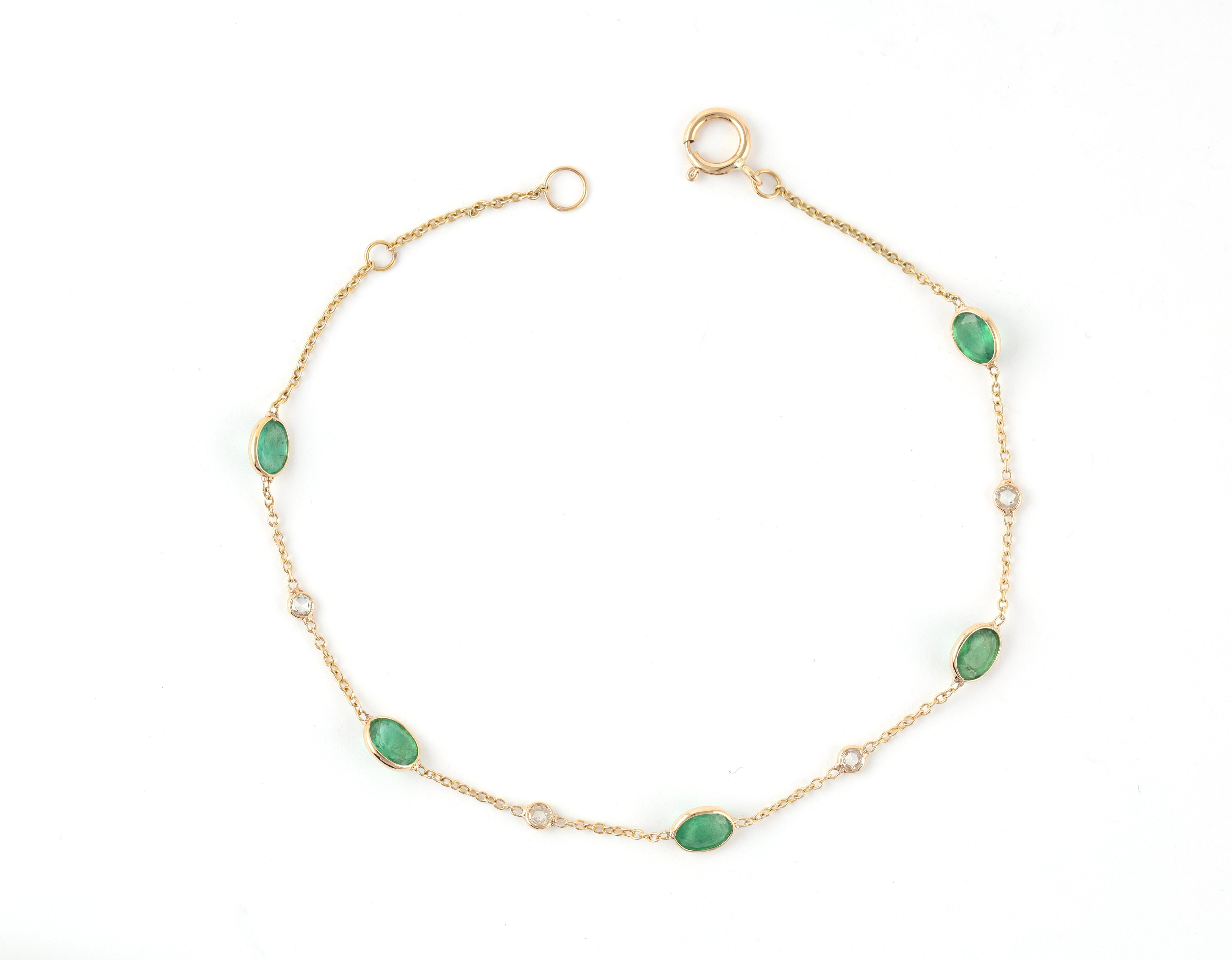 Modernist 1.55 Carat Fine Emerald & Diamond Chain Tennis Bracelet in 18k Gold For Sale