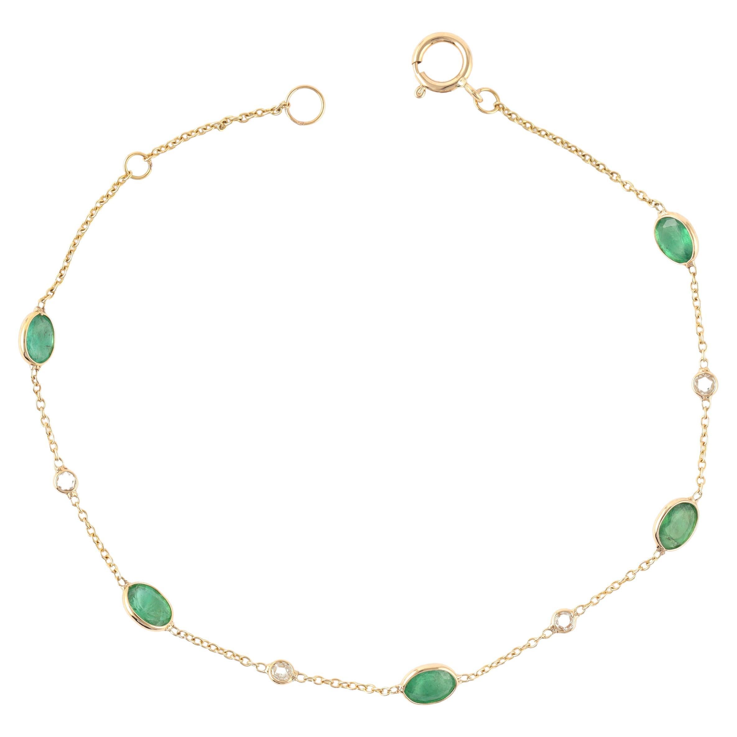 1.55 Carat Fine Emerald & Diamond Chain Tennis Bracelet in 18k Gold