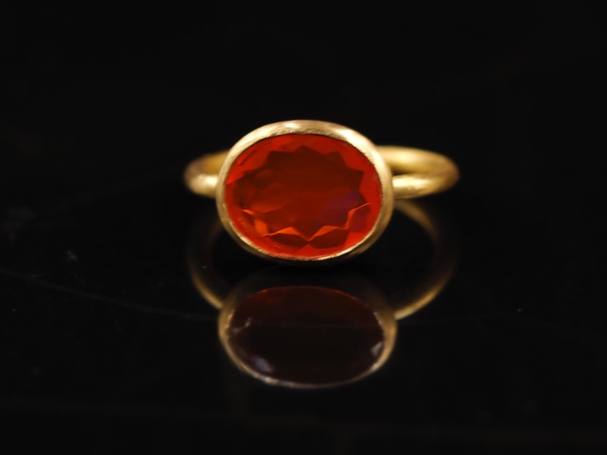 Contemporary Scrives 1.55 Carat Fire Opal Oval Faceted 22 Karat Gold Handmade Cocktail Ring For Sale