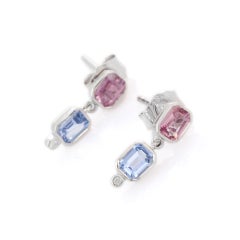 1.55 Carat Multi Sapphire Diamond Drop Dangle Earrings in 18K White Gold
