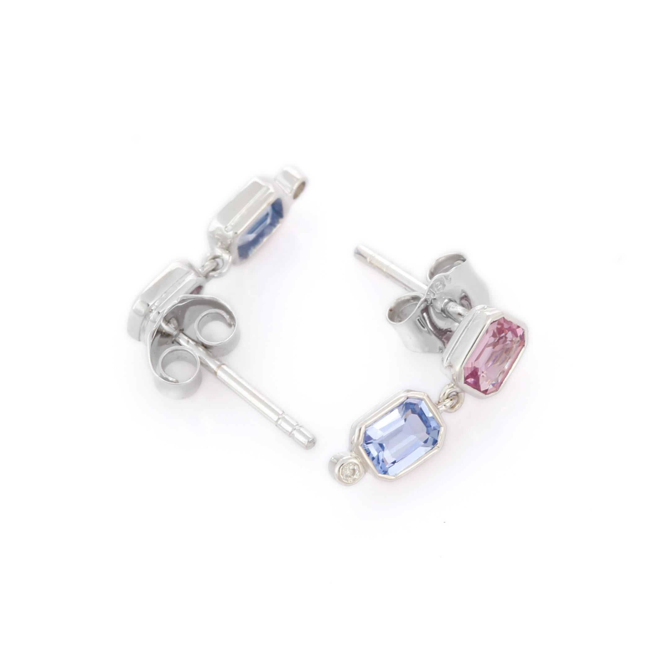Modern 1.55 Carat Multi Sapphire Diamond Drop Dangle Earrings in 18K White Gold For Sale