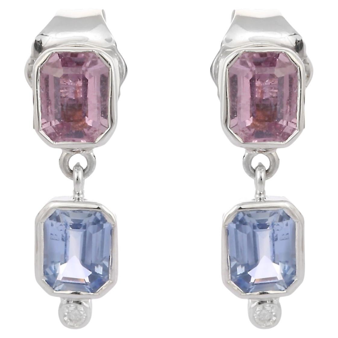 1.55 Carat Multi Sapphire Diamond Drop Dangle Earrings in 18K White Gold For Sale