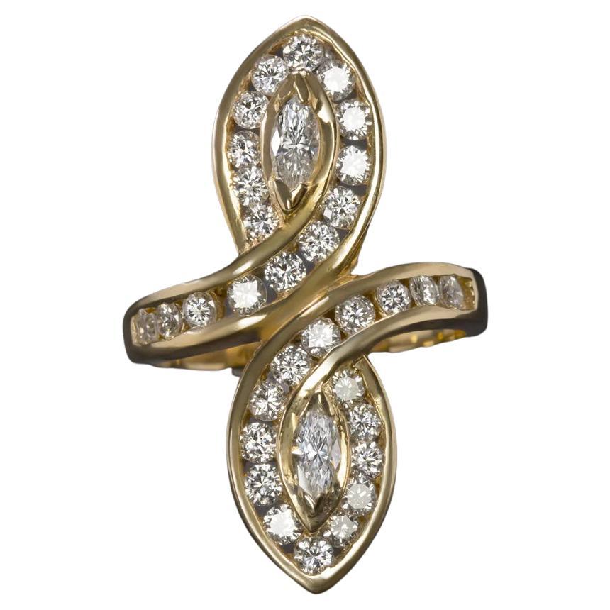 1.55 Carat Natural Diamond Cocktail Ring Set in 14k Yellow Gold Marquise Bypass For Sale