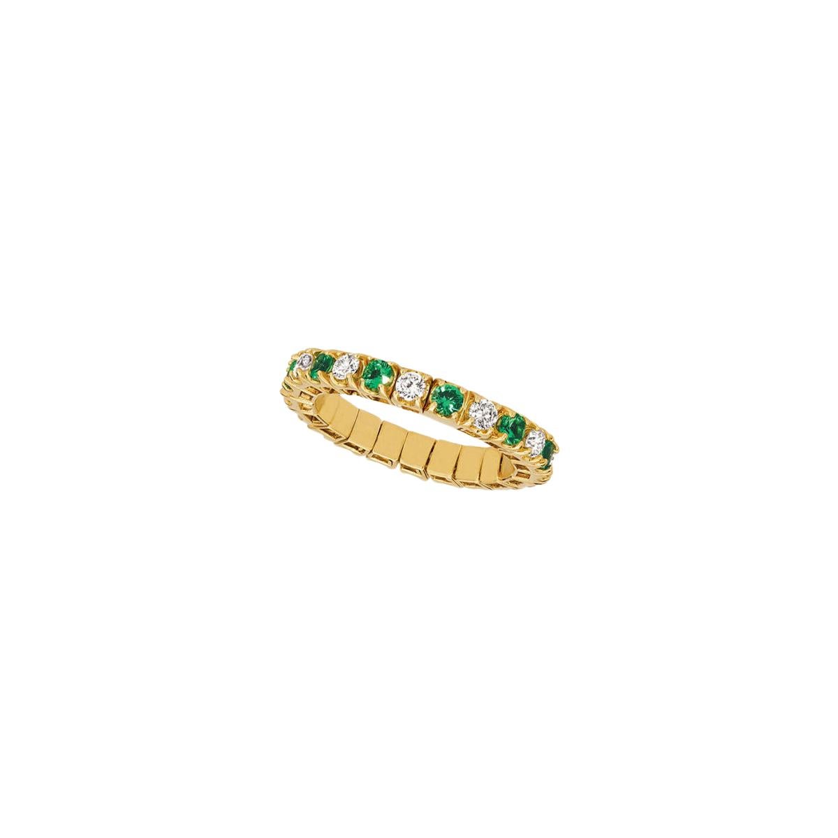 1.55 Carat Natural Diamond & Emerald Stretch Eternity Band Ring 14k Yellow Gold For Sale