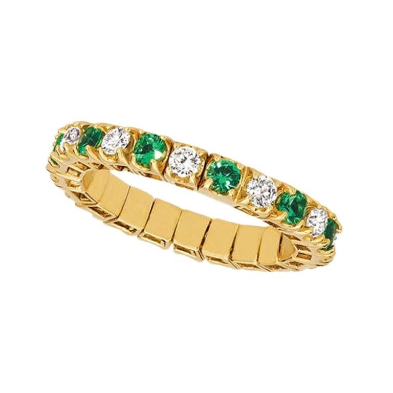 1.55 Carat Natural Diamond & Emerald Stretch Eternity Band Ring 14k Yellow Gold