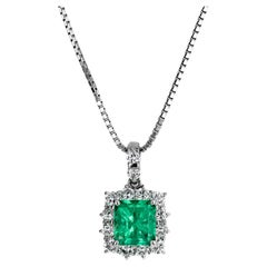 1.55 Carat Natural Emerald Diamond Halo Pendant Necklace