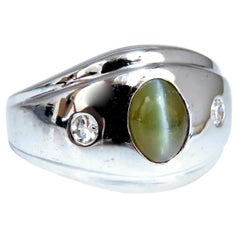 1.55 Carat Natural Green Chrysoberyl Cats Eye Diamonds Ring 14 Karat Fine Line*