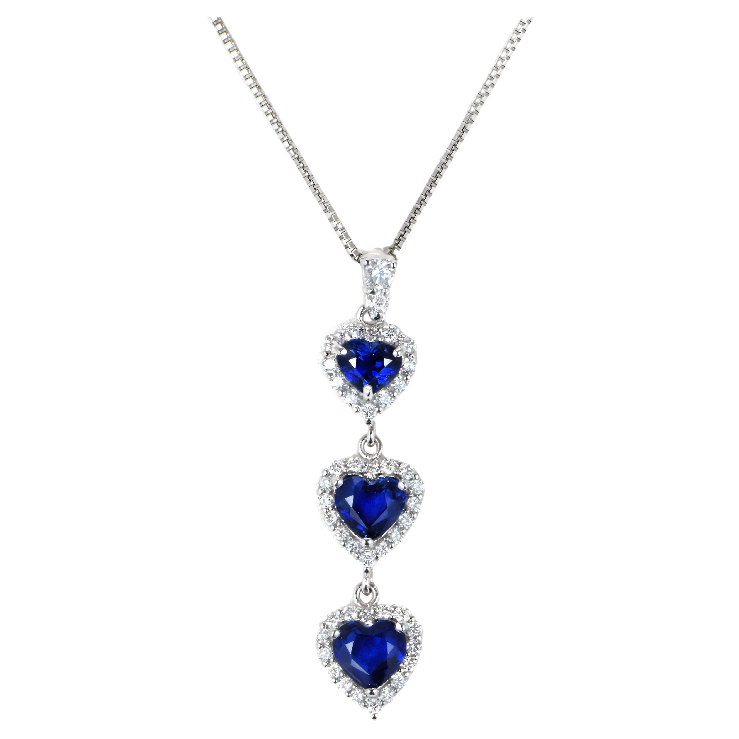 1.55 Carat Natural Heart Sapphires and Diamond Trilogy Pendant Made in Platinum