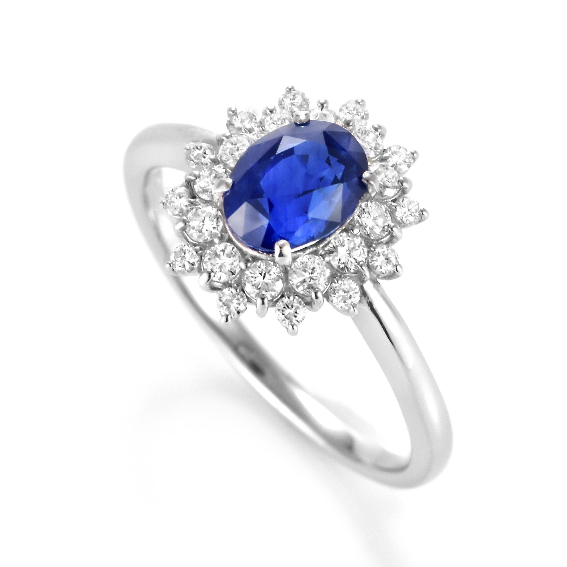A beautiful ring featuring a 1.55 Carat Natural Sapphire and 0.38 Carats Diamond Accents set in Platinum. Sapphires have extraordinary durability - they excel in hardness as well as toughness and durability making them very popular in jewelry.